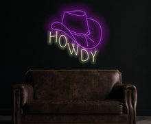 Load image into Gallery viewer, Howdy neon sign, cowboy hat sign, western led sign, North American greeting neon light, cowboy party decor led light
