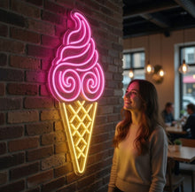 Load image into Gallery viewer, Ice Cream Neon Sign – Vintage Swirl Cone Silhouette | Sweet Cream Glow Visual Accent
