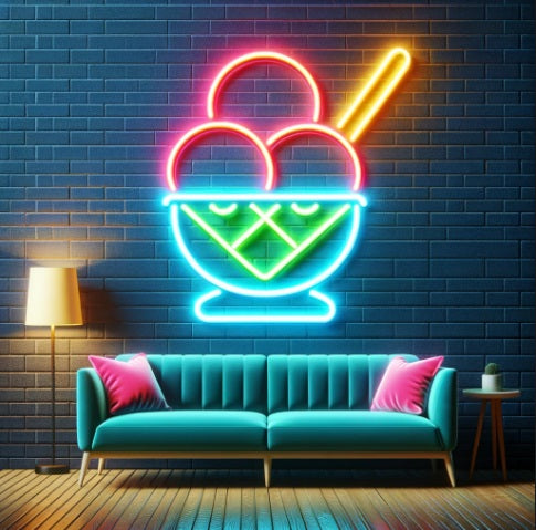 Neon ice cream cone with balloons