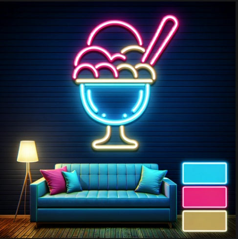 Neon ice cream cone with balloons, Ice cream Neon sign, Ice cream cone neon sign, Neon dessert sign, Ice cream neon light