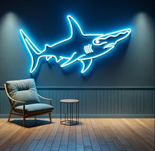 Load image into Gallery viewer, neon shark hammer sign, shark hammer neon sign, neon hammerhead sign, hammerhead neon light, neon shark sign, hammerhead shark neon
