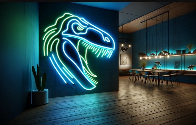 Dinosaur head neon sign, Neon sign dinosaur skull, Dino head neon sign, Colorful dinosaur head neon sign, Dinosaur head neon wall art