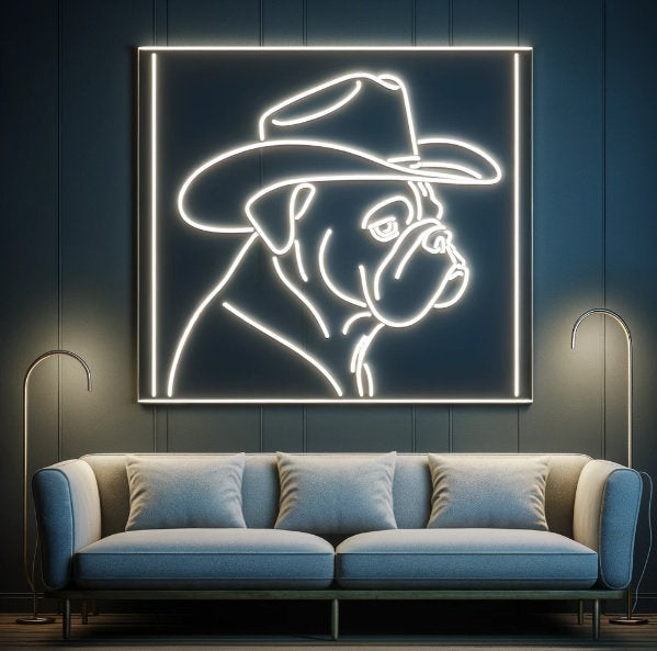 Neon sign dog bulldog wearing a cowboy hat, Neon cowboy bulldog decor, Custom bulldog cowboy hat neon sign, Neon sign bulldog in cowboy hat