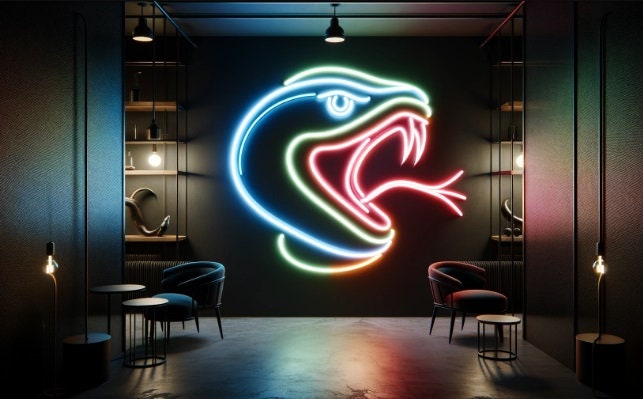 Neon snake head sign, Snake head neon sign, Neon snake sign with open mouth, Snake head shaped neon light, Neon snake head with open jaws