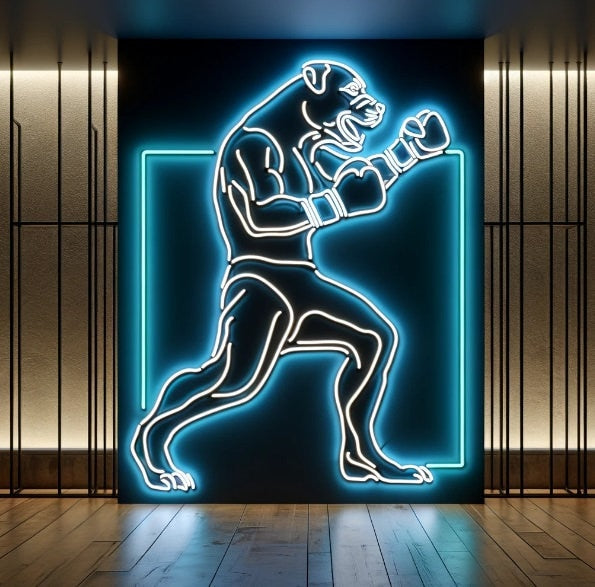 Neon bulldog sign, Bulldog neon light, Boxer bulldog neon sign, Neon silhouette bulldog with boxing gloves, Neon pet store sign