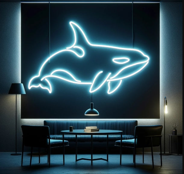 Neon whale sign, Whale shaped neon sign, Neon sign in the shape of a whale, Whale neon light, Neon whale decoration, Whale themed neon sign
