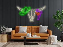Load image into Gallery viewer, Longhorn bull neon sign, Bull skull neon sign, Cowboy hat and revolver neon, Western-themed neon sign, Cowboy skull neon, Southwesterndecor
