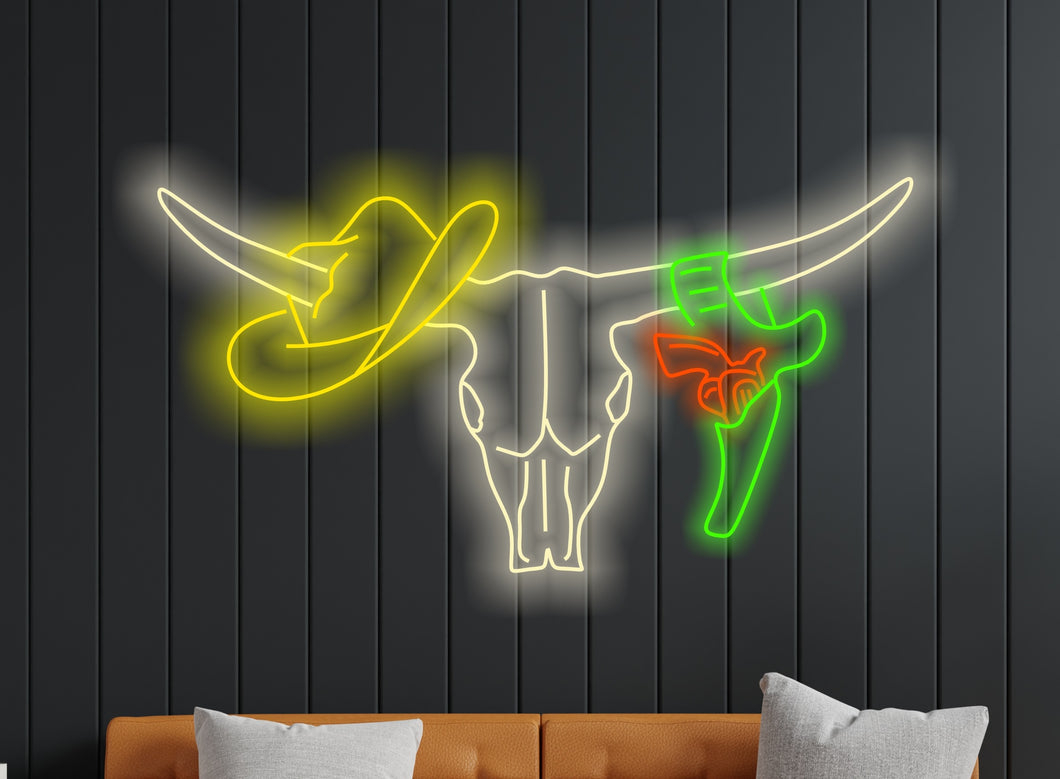 Longhorn bull neon sign, Bull skull neon sign, Cowboy hat and revolver neon