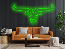 Load image into Gallery viewer, Bull neon sign, longhorn bull neon sign, head bull neon sign, cow head neon sign, western themed neon sign, cowboy neon sign, rodeo neonsign
