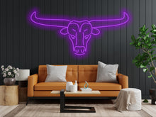 Load image into Gallery viewer, Bull neon sign, longhorn bull neon sign, head bull neon sign, cow head neon sign, western themed neon sign, cowboy neon sign, rodeo neonsign

