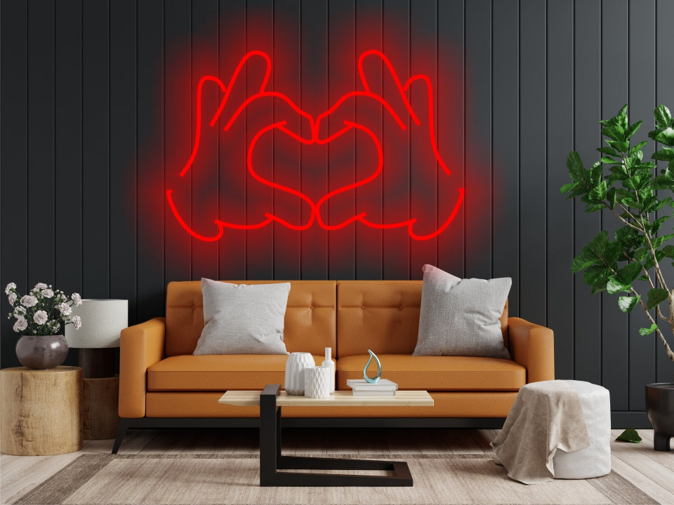 Arms folded in a heart-shaped neon sign, Hands & Heart LED Neon Sign, hands showing heart gesture neon sign, hands making heart neon sign