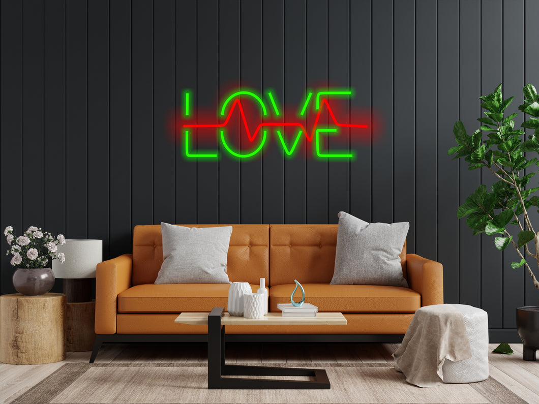 Neon sign that says love and has a pulse inside it, neon sign combining heart and pulse, love neon sign, neon sign gift for lovers