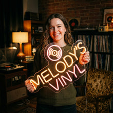 Load image into Gallery viewer, Melodys vinyl neon sign, Record player neon sign, Retro music store neon sign
