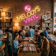 Load image into Gallery viewer, Melodys vinyl neon sign, Record player neon sign, Retro music store neon sign
