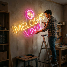 Load image into Gallery viewer, Melodys vinyl neon sign, Record player neon sign, Retro music store neon sign
