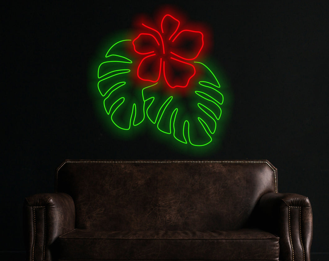 Monstera Leaf Neon Signs, Plant Neon Sign,Green Leaf Led Lights with flower
