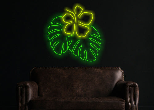 Monstera Leaf Neon Signs, Plant Neon Sign,Green Leaf Led Lights with flower