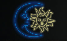 Load image into Gallery viewer, Moon face neon sign, sun face neon sign, luna neon sign, Neon Moon Mommy and Baby Sun decor, kid&#39;s room wall decor, Moon and Sun Lover Gift
