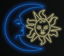 Load image into Gallery viewer, Moon face neon sign, sun face neon sign, luna neon sign, Neon Moon Mommy and Baby Sun decor, kid&#39;s room wall decor, Moon and Sun Lover Gift
