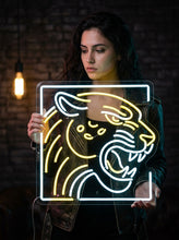 Load image into Gallery viewer, Leopard Snarl Neon Sign, Framed growling neon sign, Roaring wildcat neon sign
