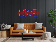 Load image into Gallery viewer, Neon sign that says love and has a pulse inside it, neon sign combining heart and pulse, love neon sign, neon sign gift for lovers
