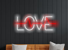 Load image into Gallery viewer, Neon sign that says love and has a pulse inside it, neon sign combining heart and pulse, love neon sign, neon sign gift for lovers
