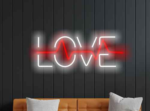 Neon sign that says love and has a pulse inside it, neon sign combining heart and pulse, love neon sign, neon sign gift for lovers