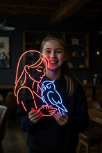 Load image into Gallery viewer, Owl Girl Neon Sign, Girl Holding Owl Neon Sign, Mystical Owl Lady Neon Sign
