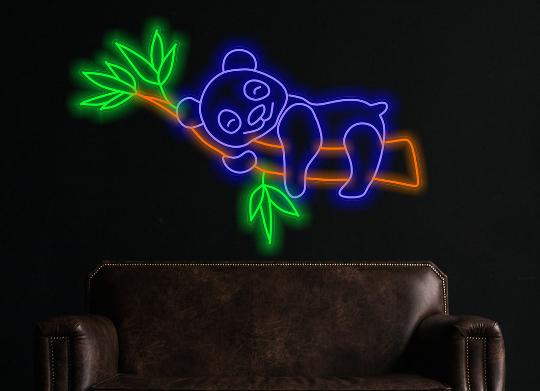 Panda neon sign, panda on a bamboo branch Neon Sign, game room decor, animal neon sign, art kawaii decor neon lights