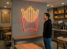 Load image into Gallery viewer, French fries neon sign, Fast food neon sign, Neon sign shaped like cup with fries, French fries LED sign, Neon light potato fries sign
