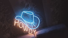 Load and play video in Gallery viewer, Howdy neon sign, cowboy hat sign, western led sign, North American greeting neon light, cowboy party decor led light
