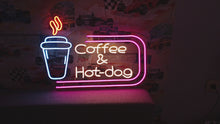 Load and play video in Gallery viewer, Neon sign coffee cup with inscription coffee and hot-dog, fast food neon sign, neon sign for bar decor, coffee neon sign, neon sign business
