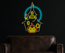Load image into Gallery viewer, Haunted castle neon, Ghostly pumpkin neon lights, Ghostly glow pumpkin sign, Haunted pumpkin neon display, Halloween spirit neon sign
