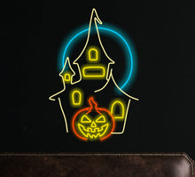 Load image into Gallery viewer, Haunted castle neon, Ghostly pumpkin neon lights, Ghostly glow pumpkin sign, Haunted pumpkin neon display, Halloween spirit neon sign
