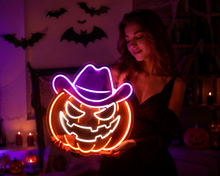 Load image into Gallery viewer, Angry Pumpkin Neon Sign, Evil Jack O Lantern Neon Sign, Grim Pumpkin Neon Sign
