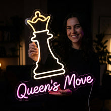Load image into Gallery viewer, Chess Queen Neon Sign, Queen’s Move Neon Sign, Royal Chess Neon Sign Pink
