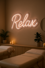 Load image into Gallery viewer, Relax Neon Sign – LED Wall Light for Bedroom, Living Room, Spa or Office – Aesthetic Chill Vibes Room Decor – Relaxing Self Care Gift Idea
