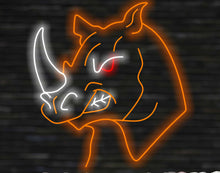 Load image into Gallery viewer, Rhino Neon Sign, rhinoceros head neon sign, Neon sign in the shape of a rhinoceros, Neon rhino sign with open mouth
