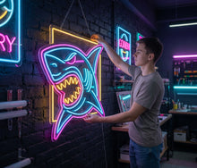 Load image into Gallery viewer, Shark neon sign, neon shark light, neon shark sign, shark LED sign, neon shark decor, custom shark neon sign, shark light-up sign, neon shark wall art, LED shark light sign, shark neon wall decor
