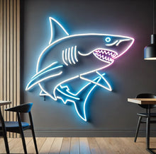 Load image into Gallery viewer, Shark neon sign, neon shark sign, LED shark light, shark wall light, glowing shark sign, shark bar sign, neon shark decor, shark night light, shark room sign, cool shark neon, shark LED wall sign, custom shark neon, blue shark neon, shark lamp
