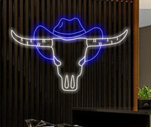 Load image into Gallery viewer, Bull skull in hat neon sign, Bull Horns neon sign, Bull skull light up, Cowboy neon sign, Howdy neon light
