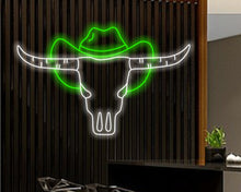 Load image into Gallery viewer, Bull skull in hat neon sign, Bull Horns neon sign, Bull skull light up, Cowboy neon sign, Howdy neon light
