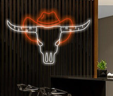 Load image into Gallery viewer, Bull skull in hat neon sign, Bull Horns neon sign, Bull skull light up, Cowboy neon sign, Howdy neon light
