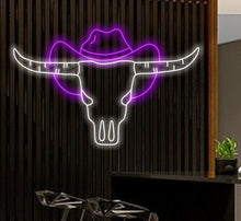 Load image into Gallery viewer, Bull skull in hat neon sign, Bull Horns neon sign, Bull skull light up, Cowboy neon sign, Howdy neon light

