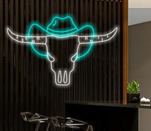 Load image into Gallery viewer, Bull skull in hat neon sign, Bull Horns neon sign, Bull skull light up, Cowboy neon sign, Howdy neon light

