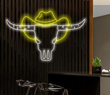 Load image into Gallery viewer, Bull skull in hat neon sign, Bull Horns neon sign, Bull skull light up, Cowboy neon sign, Howdy neon light
