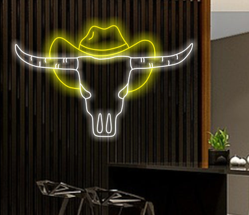 Bull skull in hat neon sign, Bull Horns neon sign, Bull skull light up, Cowboy neon sign, Howdy neon light