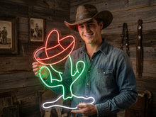 Load image into Gallery viewer, Cactus neon sign, sombrero on cactus - LED light neon sign, green lamp
