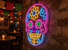 Load image into Gallery viewer, Floral Skull Neon Sign, Sugar Skull Neon Sign, Day of Dead Neon Sign
