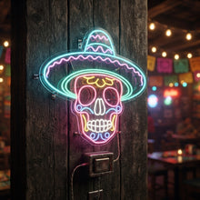 Load image into Gallery viewer, Sombrero Sugar Skull Neon Sign, Mariachi Skull Neon Sign, Calavera Neon Sign
